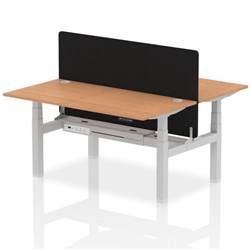 Air Back-to-Back 1600 x 800mm Height Adjustable 2 Person Office Bench Desk Oak Top with Cable Ports Silver Frame with Black Straight Screen