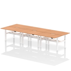 Air Back-to-Back 1400 x 800mm Height Adjustable 6 Person Bench Desk Oak Top with Scalloped Edge White Frame