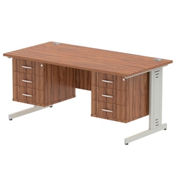 Impulse 1600 x 800mm Straight Desk Walnut Top Silver Cable Managed Leg 2 x 3 Drawer Fixed Pedestal