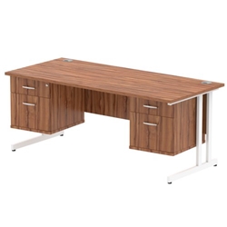 Impulse 1800 x 800mm Straight Desk Walnut Top White Cantilever Leg 2 x 2 Drawer Fixed Pedestal