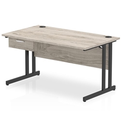 Impulse 1400 x 800mm Straight Office Desk Grey Oak Top Black Cantilever Leg Workstation 1 x 1 Drawer Fixed Pedestal