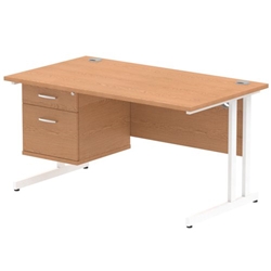 Impulse 1400 Rectangle White Cant Leg Desk OAK 1 x 2 Drawer Fixed Ped