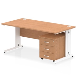 Impulse 1600 x 800mm Straight Desk Oak Top White Cable Managed Leg with 3 Drawer Mobile Pedestal