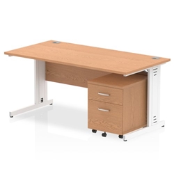 Impulse 1600 x 800mm Straight Desk Oak Top White Cable Managed Leg with 2 Drawer Mobile Pedestal