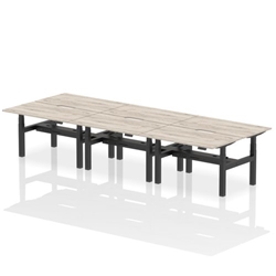 Air Back-to-Back 1400 x 800mm Height Adjustable 6 Person Office Bench Desk Grey Oak Top with Scalloped Edge Black Frame