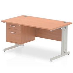Impulse 1400 x 800mm Straight Desk Beech Top Silver Cable Managed Leg with 1 x 2 Drawer Fixed Pedestal