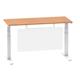 Air 1400 x 600mm Height Adjustable Desk Oak Top Cable Ports White Leg With White Steel Modesty Panel