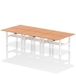 Air Back-to-Back 1200 x 800mm Height Adjustable 6 Person Bench Desk Oak Top with Scalloped Edge White Frame