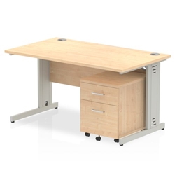 Impulse 1400 x 800mm Straight Desk Maple Top Silver Cable Managed Leg with 2 Drawer Mobile Pedestal Bundle
