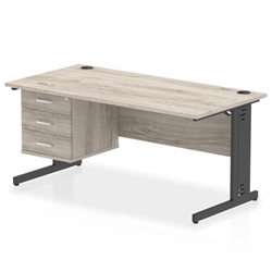 Impulse 1600 x 800mm Straight Office Desk Grey Oak Top Black Cable Managed Leg Workstation 1 x 3 Drawer Fixed Pedestal