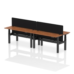 Air Back-to-Back 1600 x 600mm Height Adjustable 4 Person Bench Desk Walnut Top CP Black Frame with Black Straight Screen