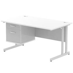 Impulse 1400 Rectangle Silver Cant Leg Desk WHITE 1 x 2 Drawer Fixed Ped