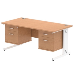 Impulse 1600 x 800mm Straight Desk Oak Top White Cable Managed Leg 2 x 2 Drawer Fixed Pedestal