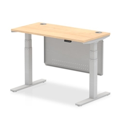 Air 1200 x 600mm Height Adjustable Desk Maple Top Cable Ports Silver Leg With Silver Steel Modesty Panel