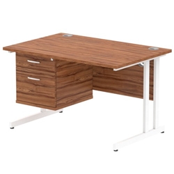 Impulse 1200 Rectangle White Cant Leg Desk WALNUT 1 x 2 Drawer Fixed Ped