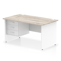 Impulse 1400 x 800mm Straight Office Desk Grey Oak Top White Panel End Leg with 1 x 3 Drawer Fixed Pedestal