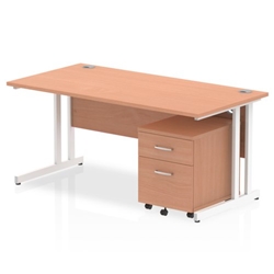 Impulse 1600 x 800mm Straight Desk Beech Top White Cantilever Leg with 2 Drawer Mobile Pedestal