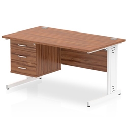 Impulse 1400 x 800mm Straight Desk Walnut Top White Cable Managed Leg with 1 x 3 Drawer Fixed Pedestal