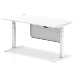 Air 1600 x 800mm Height Adjustable Desk White Top Cable Ports White Leg With White Steel Modesty Panel