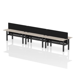Air Back-to-Back 1800 x 600mm Height Adjustable 6 Person Office Bench Desk Grey Oak Top with Cable Ports Black Frame with Black Straight Screen