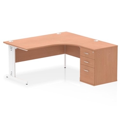 Impulse 1600mm Right Crescent Desk Beech Top White Cable Managed Leg Workstation 600 Deep Desk High Pedestal Bundle
