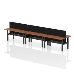 Air Back-to-Back 1600 x 600mm Height Adjustable 6 Person Bench Desk Walnut Top CP Black Frame with Black Straight Screen