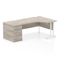 Impulse 1600mm Right Crescent Desk Grey Oak Top White Cantilever Leg + Desk High Ped