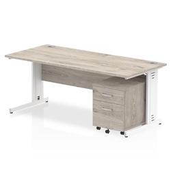 Impulse 1800 x 800mm Straight Desk Grey Oak Top White Cable Managed Leg with 2 Drawer Mobile Pedestal