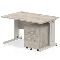 Impulse 1400 x 800mm Straight Desk Grey Oak Top Silver Cable Managed Leg with 2 Drawer Mobile Pedestal Bundle