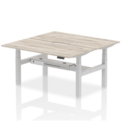 Air Back-to-Back 1600 x 800mm Height Adjustable 2 Person Office Bench Desk Grey Oak Top with Scalloped Edge Silver Frame