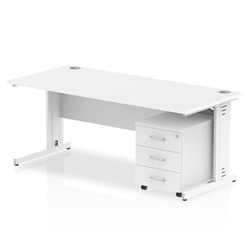 Impulse 1800 x 800mm Straight Desk White Top White Cable Managed Leg with 3 Drawer Mobile Pedestal