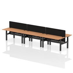 Air Back-to-Back 1600 x 800mm Height Adjustable 6 Person Bench Desk Oak Top CP Black Frame with Black Straight Screen