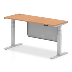 Air 1600 x 600mm Height Adjustable Desk Oak Top Cable Ports Silver Leg With Silver Steel Modesty Panel