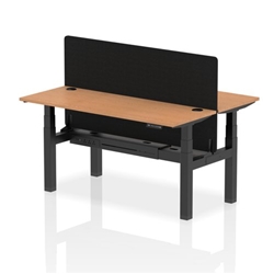 Air Back-to-Back 1600 x 600mm Height Adjustable 2 Person Bench Desk Oak Top CP Black Frame with Black Straight Screen