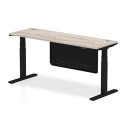 Air 1800 x 600mm Height Adjustable Desk Grey Oak Top Cable Ports Black Leg With Black Steel Modesty Panel