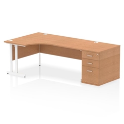Impulse 1800mm Left Crescent Desk Oak Top White Cantilever Leg + Desk High Ped