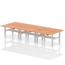 Air Back-to-Back 1400 x 800mm Height Adjustable 6 Person Bench Desk Oak Top with Scalloped Edge Silver Frame