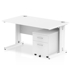 Impulse 1400 x 800mm Straight Desk White Top White Cable Managed Leg with 2 Drawer Mobile Pedestal Bundle