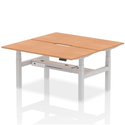 Air Back-to-Back 1600 x 800mm Height Adjustable 2 Person Office Bench Desk Oak Top with Scalloped Edge Silver Frame