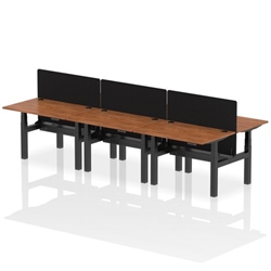 Air Back-to-Back 1200 x 800mm Height Adjustable 6 Person Bench Desk Walnut Top CP Black Frame with Black Straight Screen