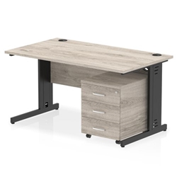 Impulse 1400 x 800mm Straight Office Desk Grey Oak Top Black Cable Managed Leg Workstation 3 Drawer Mobile Pedestal
