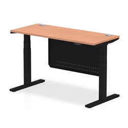 Air 1400 x 600mm Height Adjustable Desk Beech Top Cable Ports Black Leg With Black Steel Modesty Panel