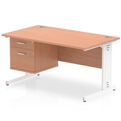 Impulse 1400 x 800mm Straight Desk Beech Top White Cable Managed Leg with 1 x 2 Drawer Fixed Pedestal