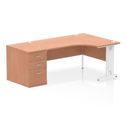 Impulse 1600mm Right Crescent Desk Beech Top White Cable Managed Leg + Desk High Ped