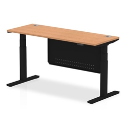 Air 1600 x 600mm Height Adjustable Desk Oak Top Cable Ports Black Leg With Black Steel Modesty Panel