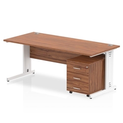 Impulse 1800 x 800mm Straight Desk Walnut Top White Cable Managed Leg with 3 Drawer Mobile Pedestal
