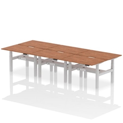 Air Back-to-Back 1200 x 800mm Height Adjustable 6 Person Bench Desk Walnut Top with Scalloped Edge Silver Frame