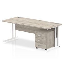 Impulse 1800 x 800mm Straight Desk Grey Oak Top White Cantilever Leg with 3 Drawer Mobile Pedestal