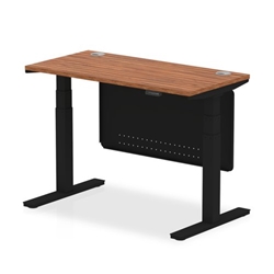 Air 1200 x 600mm Height Adjustable Desk Walnut Top Cable Ports Black Leg With Black Steel Modesty Panel
