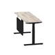 Air 1800 x 600mm Height Adjustable Desk Grey Oak Top Cable Ports Black Leg With Black Steel Modesty Panel